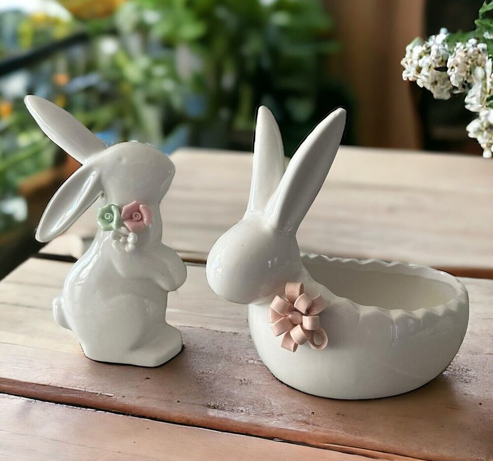 2 Rabbit Bunny Spring Easter Figurines Floral White Ivory Candy Dish Home Decor